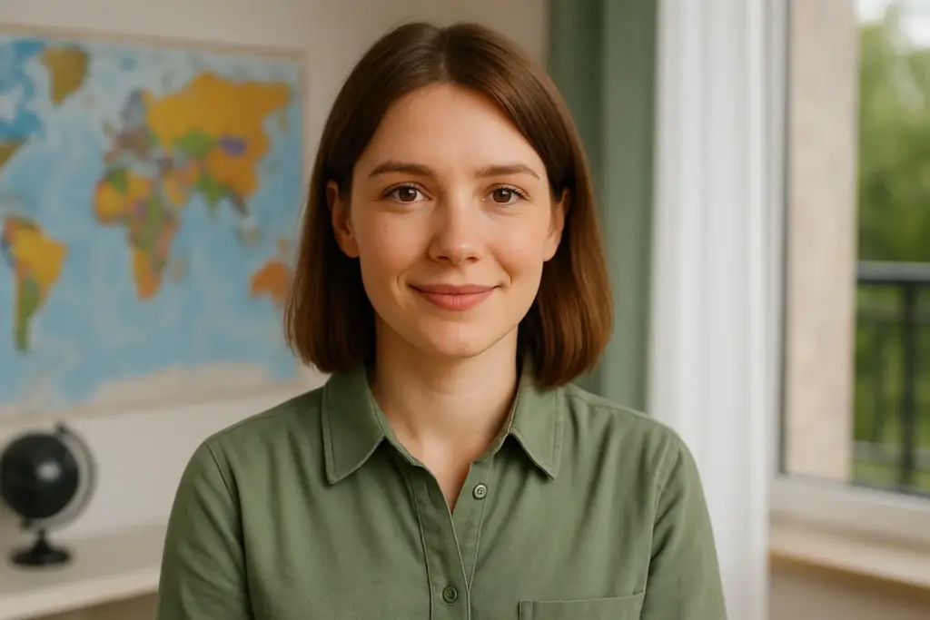 Марина Ковалева — тревел-менеджер PoPutyam.ru, эксперт по путешествиям по России в своём офисе с картой мира на фоне